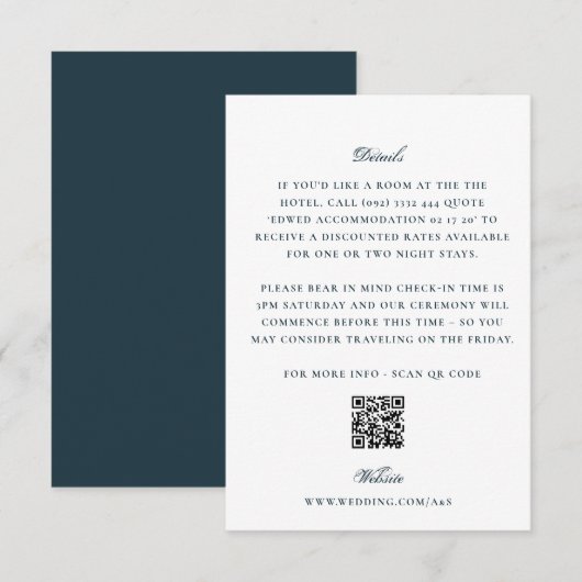 Elegant White Navy Back QR Code Wedding Details エンクロージャーカード (正面/裏面)
