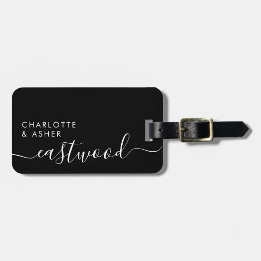 Elegant White On Black Monogram Script Name ラゲッジタグ (正面横)