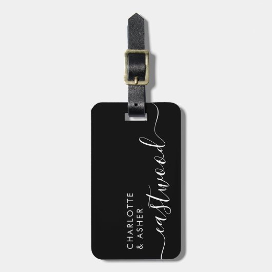 Elegant White On Black Monogram Script Name ラゲッジタグ (正面縦)