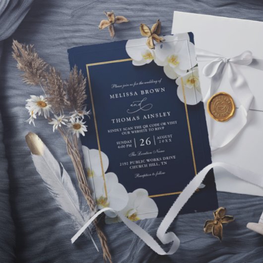 elegant white orchid blooms chic qr code wedding 招待状