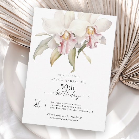 Elegant White Orchids Floral 50th Birthday 招待状