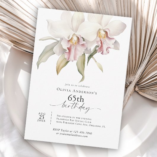 Elegant White Orchids Floral 65th Birthday 招待状