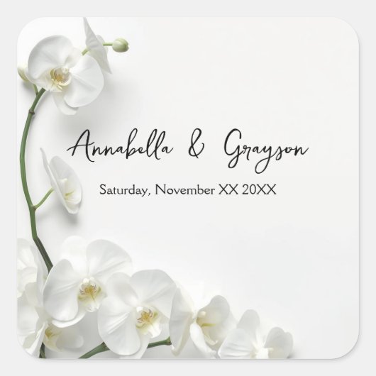Elegant White Orchids Wedding スクエアシール (正面)