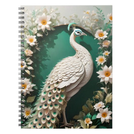 "Elegant White Peacock" Watercolor Spiral Notebook ノートブック (正面)