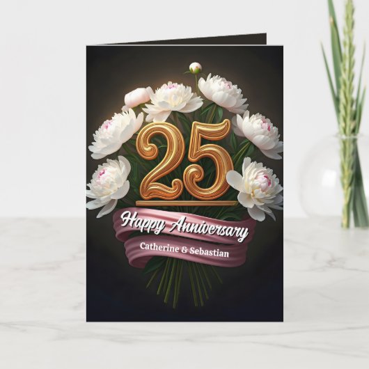 Elegant White Peonies 25th Wedding Anniversary カード (正面)