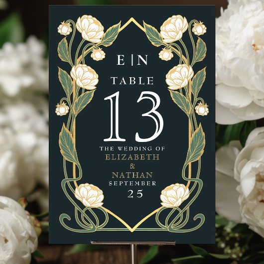 Elegant White Peony Art Nouveau Floral Wedding テーブルナンバー