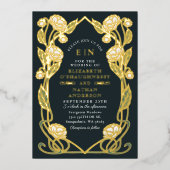 Elegant White Peony Art Nouveau Floral Wedding 箔招待状 (正面)