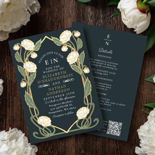 Elegant White Peony Art Nouveau QR Code Wedding 招待状
