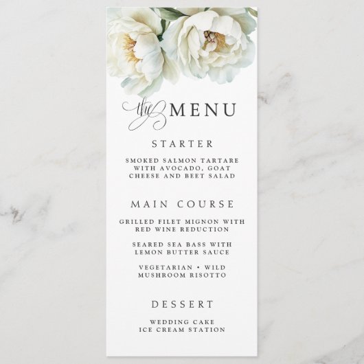 Elegant White Peony Floral Wedding Menu メニュー (正面)