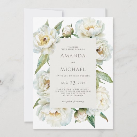 Elegant White Peony & Sage Green Floral Wedding 招待状 (正面)