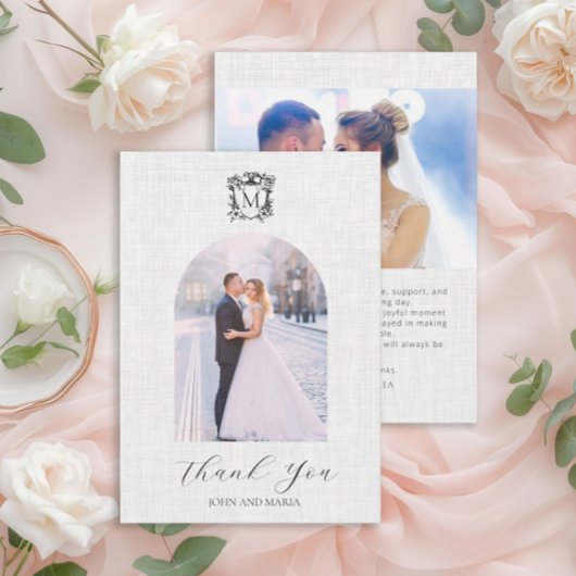 Elegant White Photo Arch Crest Wedding Thank You サンキューカード