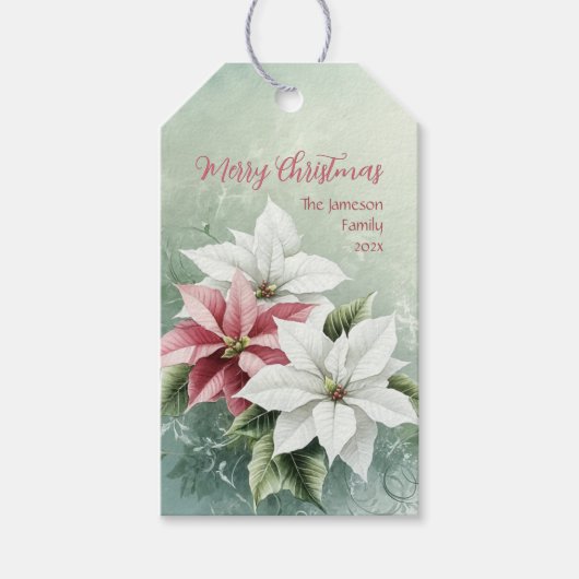 Elegant White Pink Christmas Poinsettias  ギフトタグ (正面)