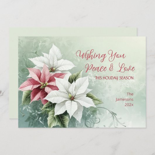 Elegant White Pink Christmas Poinsettias  シーズンカード (正面/裏面)
