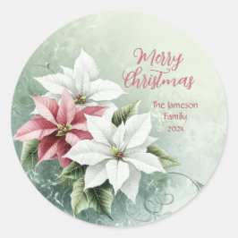Elegant White Pink Christmas Poinsettias  ラウンドシール