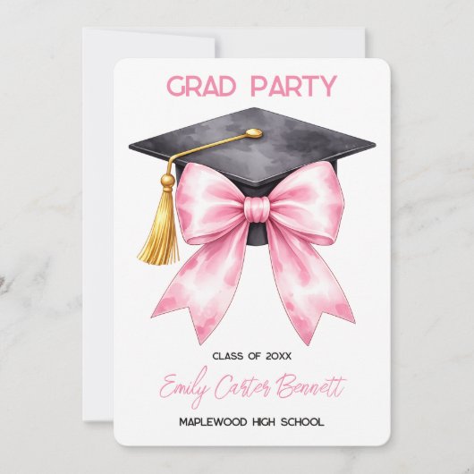 Elegant White Pink Coquette Bow Girly Graduation 招待状 (正面)