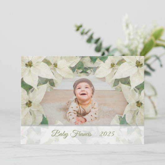 Elegant White Poinsettia Baby Flat Photo Card 招待状 (スタンド正面)
