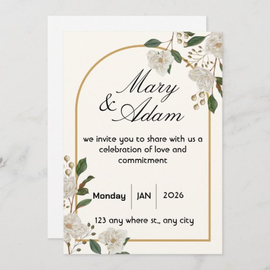 Elegant White Rose Arch Wedding Invitation 招待状 (正面/裏面)