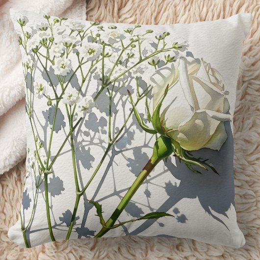 Elegant White Rose Baby's Breath クッション