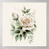 Elegant White Rose Botanical Greenery Neutral  ポスター (正面)