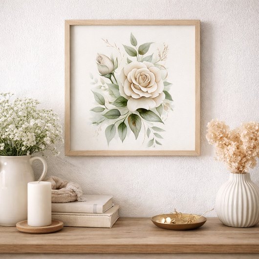 Elegant White Rose Botanical Greenery Neutral  ポスター