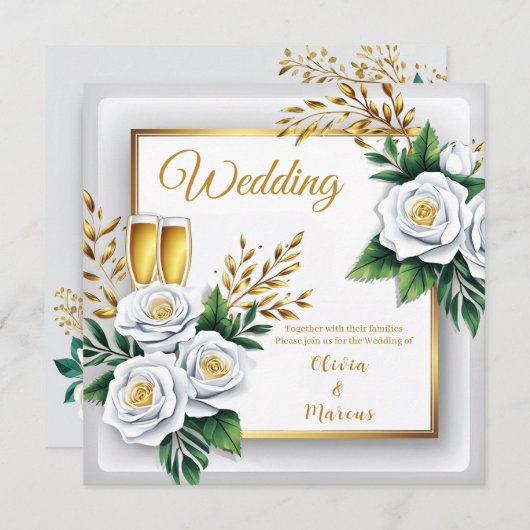 Elegant White Rose & Champagne Gold Wedding Card (正面/裏面)