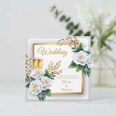 Elegant White Rose & Champagne Gold Wedding Card (スタンド正面)