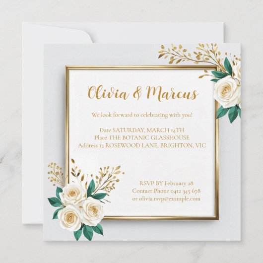 Elegant White Rose & Champagne Gold Wedding Card (裏面)