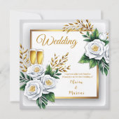 Elegant White Rose & Champagne Gold Wedding Card (正面)