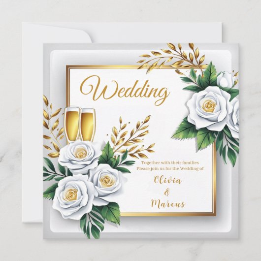 Elegant White Rose & Champagne Gold Wedding Card (正面)