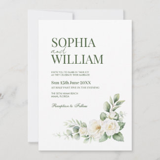 Elegant White Rose Floral Wedding Invitation with  招待状
