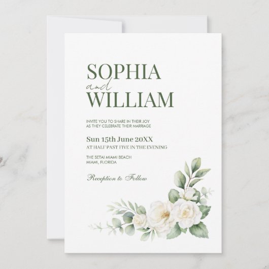 Elegant White Rose Floral Wedding Invitation with  招待状 (正面)