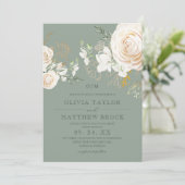 Elegant White Rose Flower Sage Wedding  招待状 (スタンド正面)