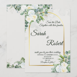 Elegant White Rose Greenery Wedding Invitation 招待状