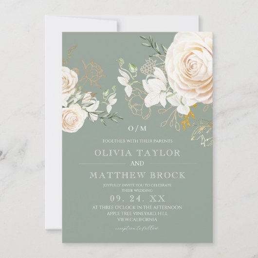 Elegant White Rose Sage Wedding  招待状 (正面)