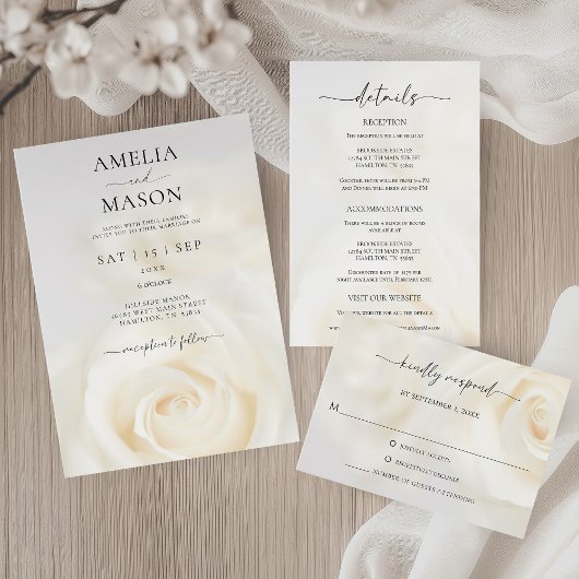 Elegant White Rose Script Wedding Invitation 招待状