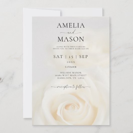 Elegant White Rose Script Wedding Invitation 招待状 (正面)