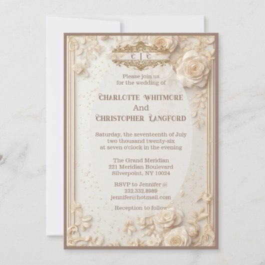 Elegant White Rose Soft Ivory Floral Decor Wedding 招待状 (正面)