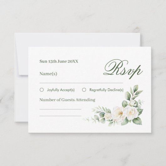 Elegant White Rose Wedding RSVP Card (正面)