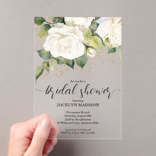 Elegant White Roses Bridal Shower Acrylic Invitati アクリル招待状 (インサイチュ (ポータブル))