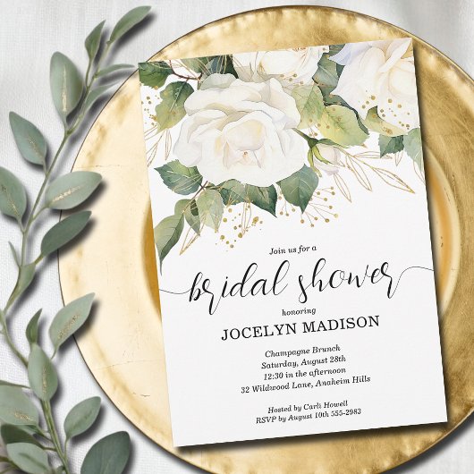 Elegant White Roses Bridal Shower Invitation 招待状