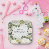 Elegant White Roses Bridal Shower Square ペーパープレート (パーティー)