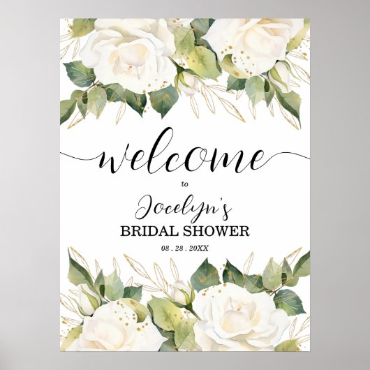 Elegant White Roses Bridal Shower Welcome ポスター (正面)