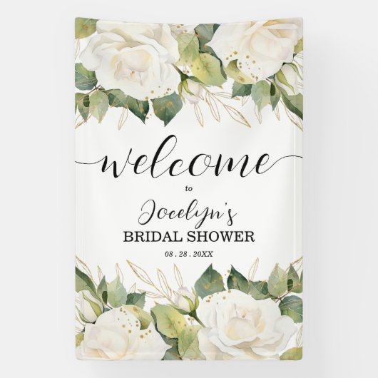 Elegant White Roses Bridal Shower Welcome 横断幕 (縦)