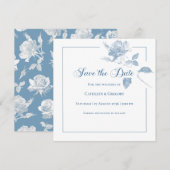 Elegant White Roses Dusty Blue Floral Wedding セーブザデート (正面/裏面)