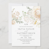 Elegant White Roses Gold Sage Green Flora Wedding  招待状 (正面)