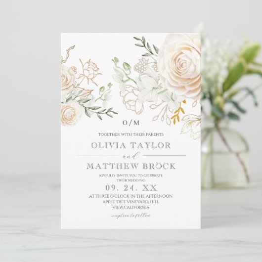 Elegant White Roses Gold Sage Green Flora Wedding  招待状 (スタンド正面)