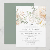 Elegant White Roses Gold Sage Green Flora Wedding  招待状 (正面/裏面)