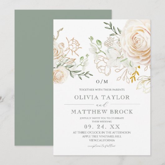 Elegant White Roses Gold Sage Green Flora Wedding  招待状 (正面/裏面)