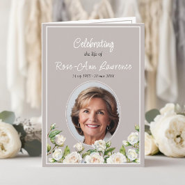 Elegant White Roses Taupe Funeral Folded プログラム