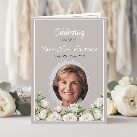 Elegant White Roses Taupe Funeral Folded プログラム